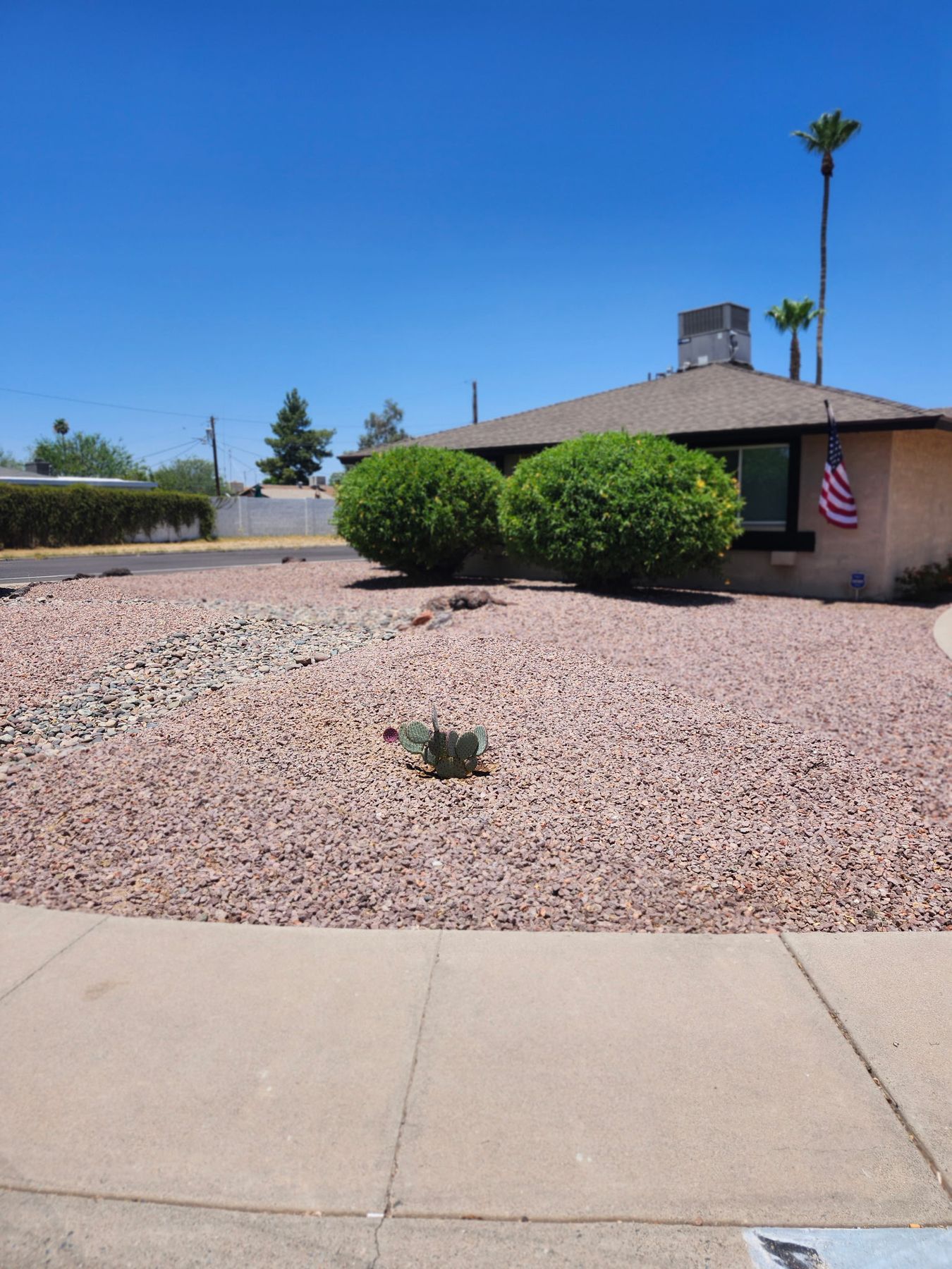 Clean desert rock yard with shrubs and stonework in the West Valley